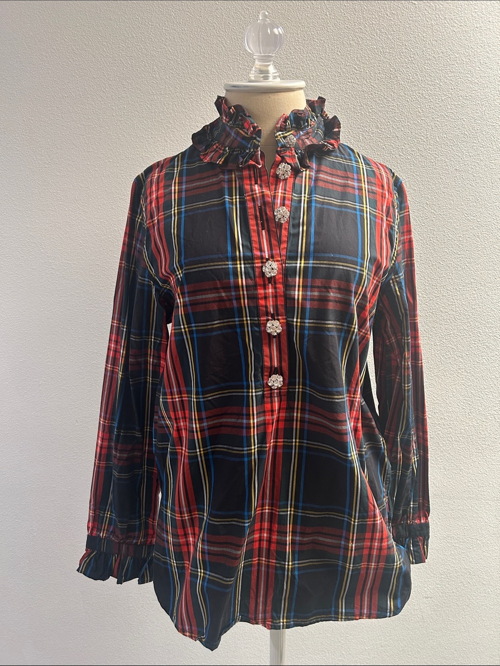 J. Crew Red & Black Plaid Ruffle-Collar Jewel Button Front Blouse size 6